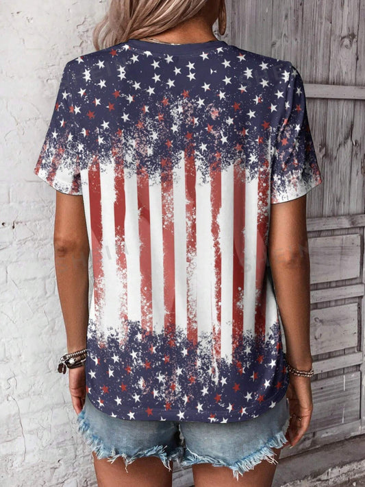 American Pride: Country Style Loose Fit Short Sleeve T-Shirt with American Flag Print