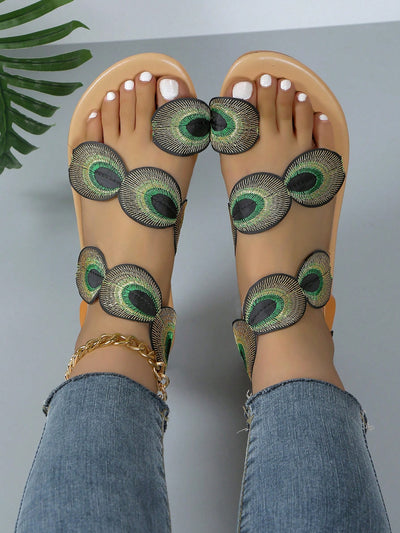 Peacock Paradise: Women's New Style Comfortable Flat Sandals With Toe Ring