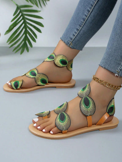 Peacock Paradise: Women's New Style Comfortable Flat Sandals With Toe Ring