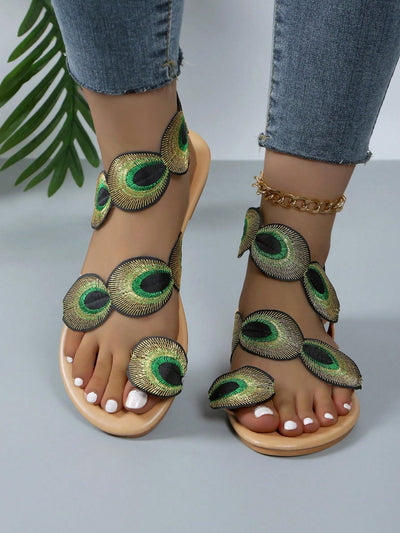 Peacock Paradise: Women's New Style Comfortable Flat Sandals With Toe Ring