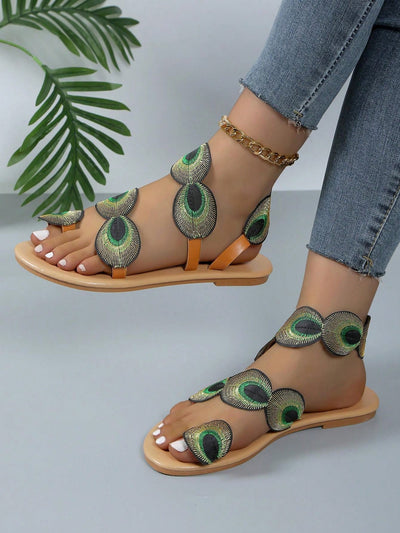 Peacock Paradise: Women's New Style Comfortable Flat Sandals With Toe Ring