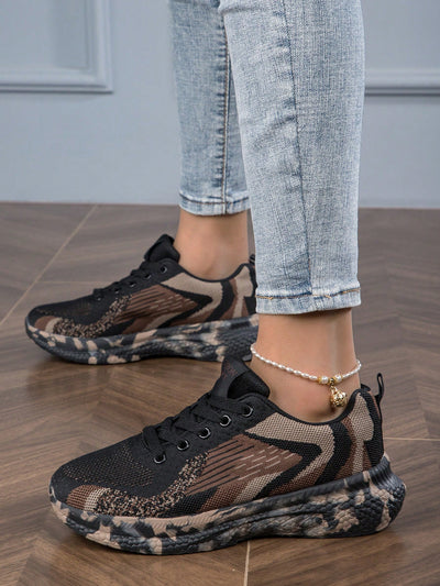 Camouflage Lace-Up Low Top Sneakers: Stylish and Comfortable Mesh Upper with Thick Sole