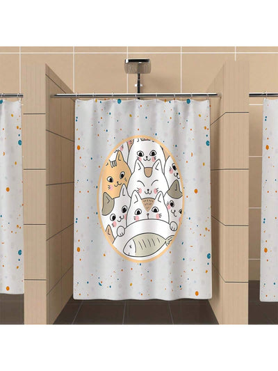 Cartoon Cat Graffiti Style Waterproof Polyester Bath Curtain - Enhance Your Bathroom with Grey Tone Design