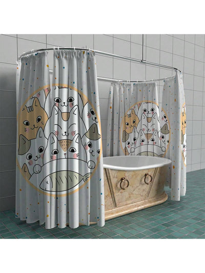 Cartoon Cat Graffiti Style Waterproof Polyester Bath Curtain - Enhance Your Bathroom with Grey Tone Design