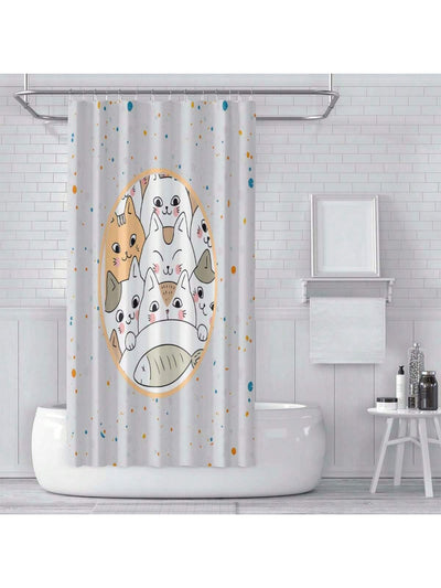 Cartoon Cat Graffiti Style Waterproof Polyester Bath Curtain - Enhance Your Bathroom with Grey Tone Design