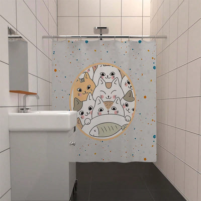 Cartoon Cat Graffiti Style Waterproof Polyester Bath Curtain - Enhance Your Bathroom with Grey Tone Design