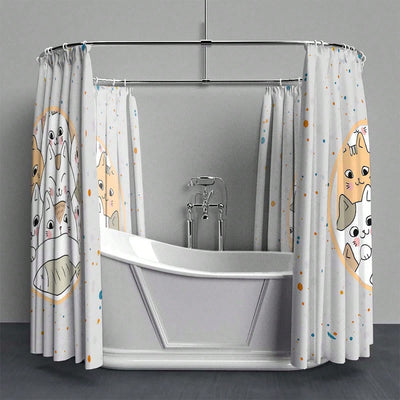 Cartoon Cat Graffiti Style Waterproof Polyester Bath Curtain - Enhance Your Bathroom with Grey Tone Design