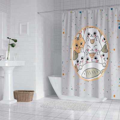 Cartoon Cat Graffiti Style Waterproof Polyester Bath Curtain - Enhance Your Bathroom with Grey Tone Design