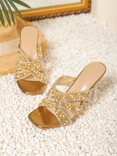 Blinged Out Roman Chic: Crystal Decorated High Heel Sandals with Spiral Lace Up Design