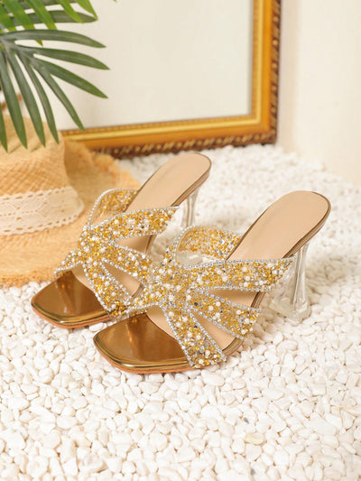 Blinged Out Roman Chic: Crystal Decorated High Heel Sandals with Spiral Lace Up Design