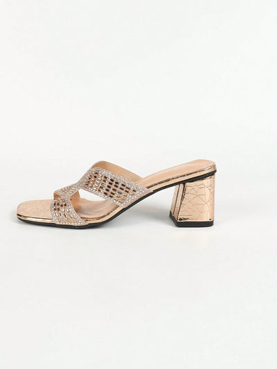 Sparkling Steps: Women's Chunky Heel Gold Glitter Slide Sandals with Rhinestone Detailing