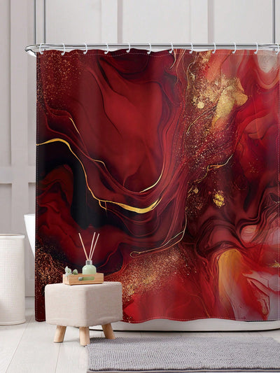 Abstract Burgundy Marble Shower Curtain Set - Elegant Bathroom Decor with Antique Gold Accents