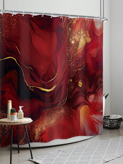 Abstract Burgundy Marble Shower Curtain Set - Elegant Bathroom Decor with Antique Gold Accents