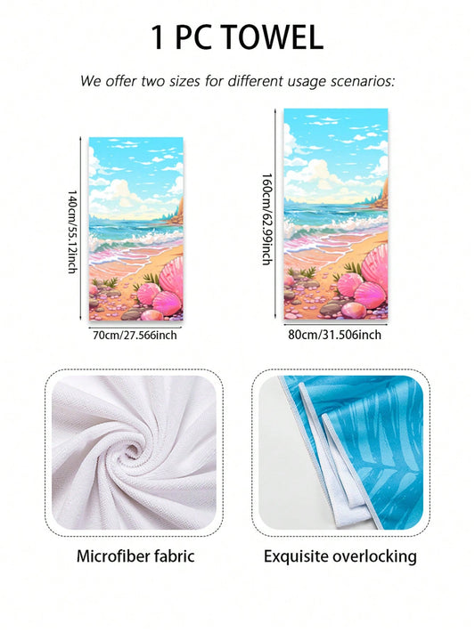 Seashell Serenity: Cartoon Pink Seashell Blue Sea Pattern Beach Towel