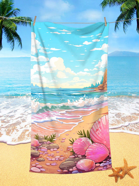 Experience the ultimate in tranquility with Seashell Serenity: a <a href="https://canaryhouze.com/collections/towels" target="_blank" rel="noopener">beach towel</a> featuring a charming cartoon pink seashell and calming blue sea pattern. Made with soft, absorbent material, this towel is perfect for lounging on the beach or by the pool. Bring a touch of serenity to your beach day.