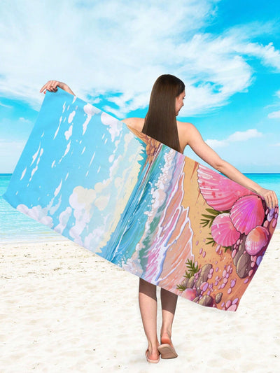 Seashell Serenity: Cartoon Pink Seashell Blue Sea Pattern Beach Towel