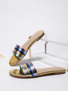 These Multicolor Metallic Band Flat <a href="https://canaryhouze.com/collections/women-canvas-shoes" target="_blank" rel="noopener">Sandals</a> are perfect for celebrating Independence Day in style and comfort. Made with a slip-resistant sole, these sandals offer both fashion and function. The metallic band adds a touch of glamour, while the comfortable design ensures all-day wear. Show off your patriotic spirit with these must-have shoes.