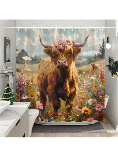 Rustic Highland Cow Shower Curtain for Farmhouse Bathroom Decor