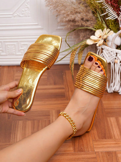 Golden Summer: Women's Stylish Flat Sandals with Word Strap - Perfect for Vacations!