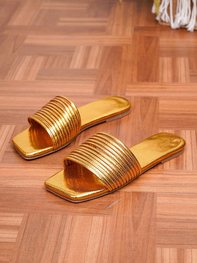 Golden Summer: Women's Stylish Flat Sandals with Word Strap - Perfect for Vacations!