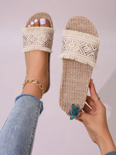 Summer Ready: Open Toe Linen Slippers with Letter Crossing Straps