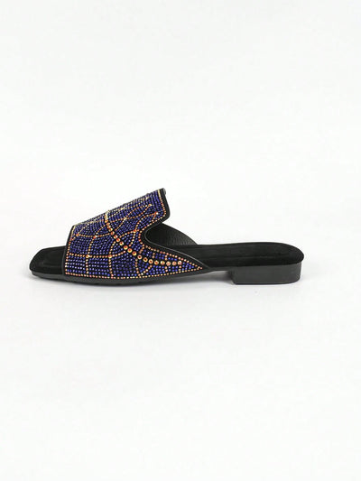 Rhinestone-Embellished Blue Flat Sandals: The Perfect Summer Casual Wear for Women