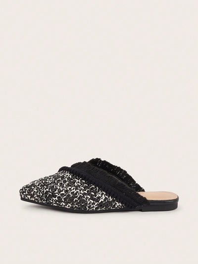 Bohemian Chic: Black and White Woven Face Flat Shoes with Pom Pom Tassel Decoration