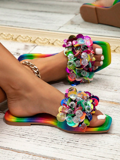 Rainbow Sparkle: High-End Comfort Women's Slippers for Summer