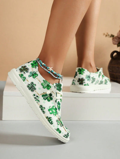 Lucky Charm: Women's Four-Leaf Clover Print Canvas Sneakers for Casual Comfort