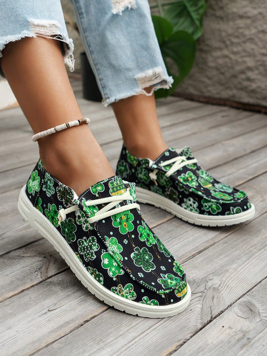 Lucky Charm: Women's Four-Leaf Clover Print Canvas Sneakers for Casual Comfort