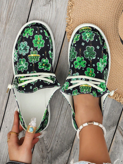 Lucky Charm: Women's Four-Leaf Clover Print Canvas Sneakers for Casual Comfort