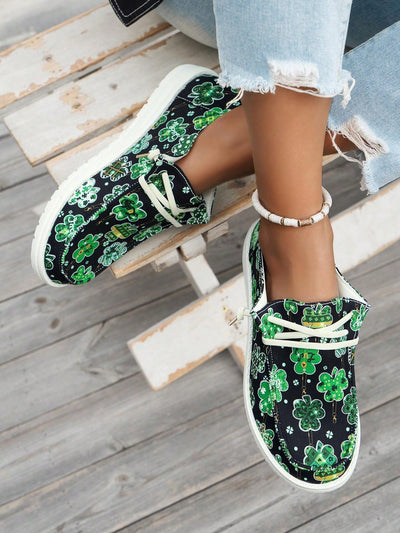 Lucky Charm: Women's Four-Leaf Clover Print Canvas Sneakers for Casual Comfort