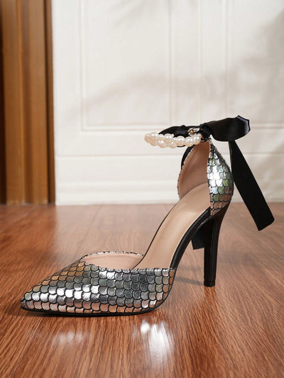 Pearl and Fish Scale Detail High Heeled Single Shoes: European and American Style Fashion Must-Have