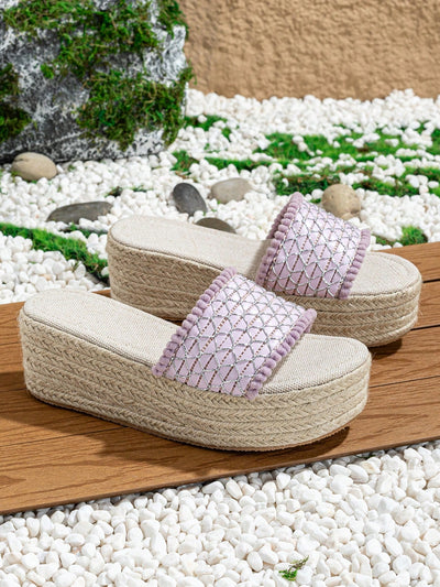 Chic Women's Fashion Sandals: Rope Wedge Heel, Furry Ball Decor, Ankle Strap