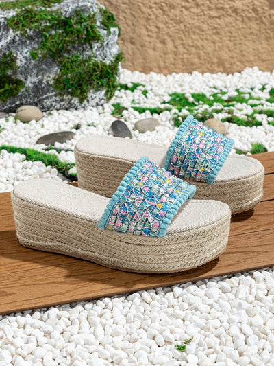 Chic Women's Fashion Sandals: Rope Wedge Heel, Furry Ball Decor, Ankle Strap