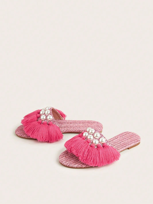 Coral Pink Bohemian Flats: Tassel-Trimmed Sandals for Women