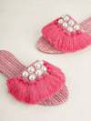 Coral Pink Bohemian Flats: Tassel-Trimmed Sandals for Women