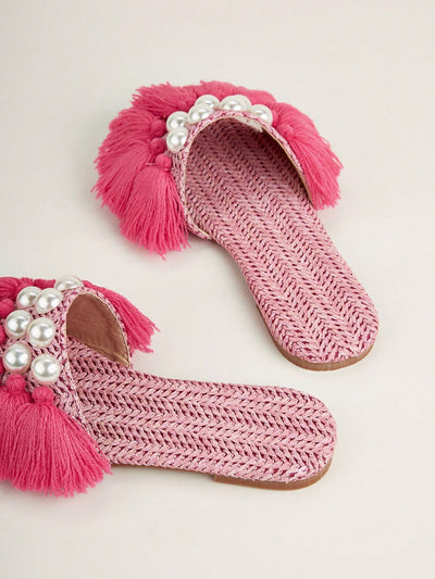 Coral Pink Bohemian Flats: Tassel-Trimmed Sandals for Women