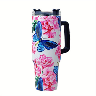 40oz Floral Pattern Tumbler With Lid And Straw, Stainless Steel Thermal Water Bottle With Handle, The Perfect Gift for Any Occasion