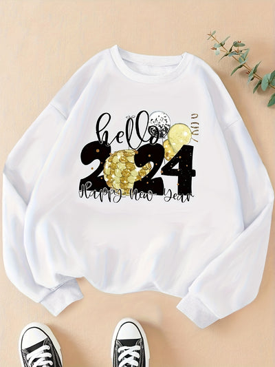 Hello 2024: Women's Casual Long Sleeve Crew Neck Sweatshirt for Winter/Fall