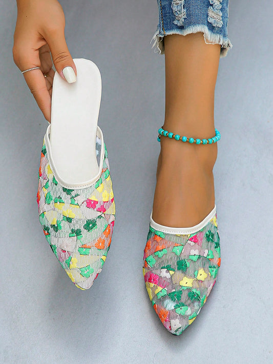 Step into style and comfort with our Colorful Embroidered Flowers Mesh Decor <a href="https://canaryhouze.com/collections/women-canvas-shoes">Low-Heeled</a> Ballerina Flats! Featuring a vibrant embroidered design on breathable mesh, these Sweet Women's Pointed Toe Mules add a pop of color to any outfit. With a low heel and pointed toe, these flats are both stylish and comfortable for all-day wear. Upgrade your shoe collection with our versatile and eye-catching ballerina flats.