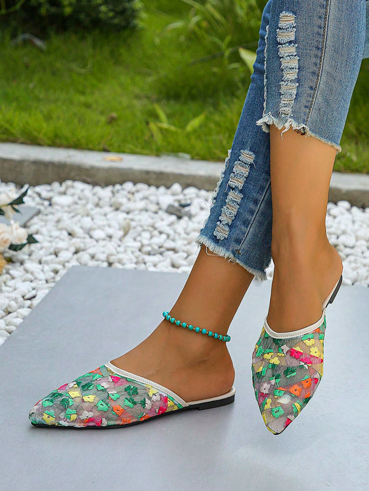 Colorful Embroidered Flowers Mesh Decor Low-Heeled Ballerina Flats: Stylish and Sweet Women's Pointed Toe Mules