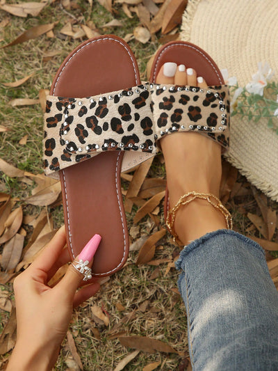 Velvet Cow Pattern Studded Flat Sandals - Trendy Outdoor Footwear