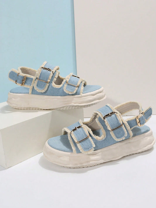 Light Blue Beach Double Buckle Flat Sandals: Stylish Slip-on Footwear for Fashion-Savvy Women