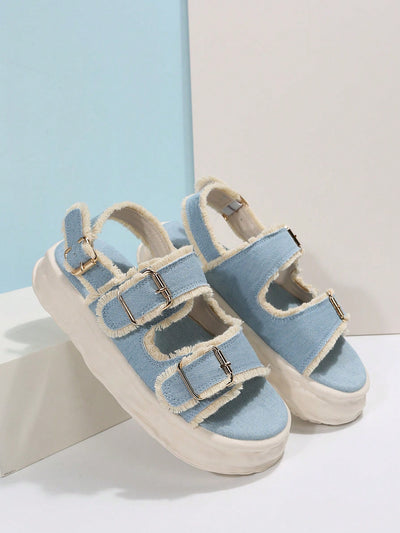 Light Blue Beach Double Buckle Flat Sandals: Stylish Slip-on Footwear for Fashion-Savvy Women