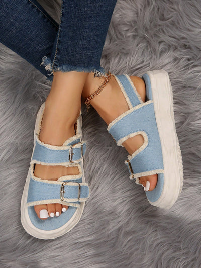 Light Blue Beach Double Buckle Flat Sandals: Stylish Slip-on Footwear for Fashion-Savvy Women