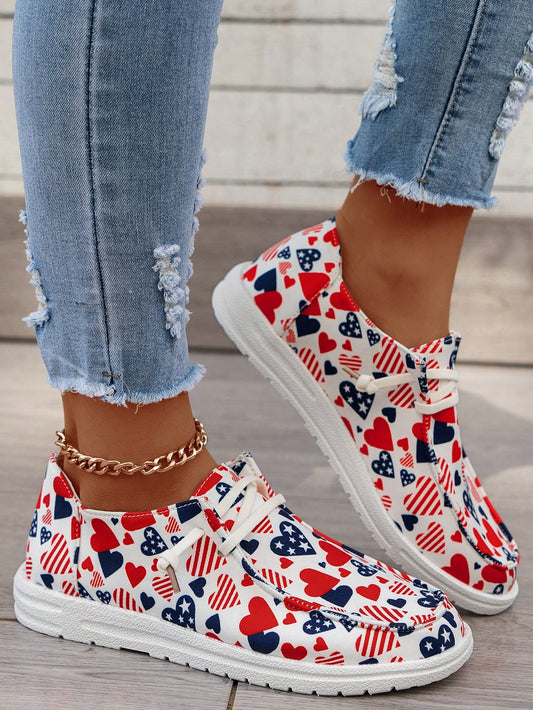 Independence Day Printed Heart-Casual Sports Shoes: Comfortable Flat Canvas Loafers