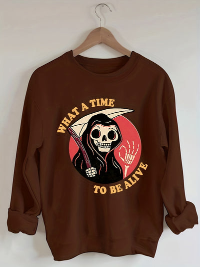 Darkly Stylish: Women's Plus Size Halloween Grim Reaper Sweatshirt with Slogan Print