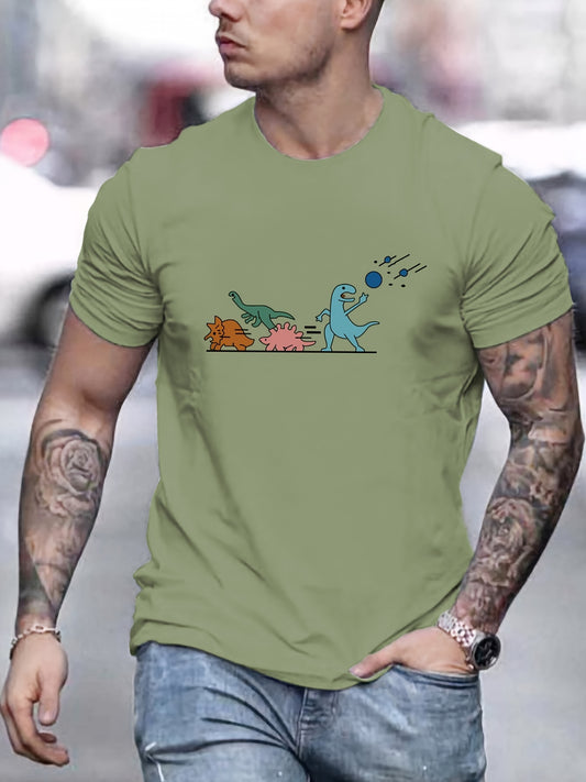 Introducing the Dino Chic T-Shirt: the perfect blend of vibrant style and casual comfort for men. This eye-catching t-shirt features a playful cartoon dinosaur print, making it a unique and fun addition to any wardrobe. Made with quality materials, it's not only stylish but also comfortable to wear. Upgrade your wardrobe with this essential piece today.