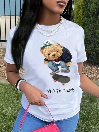 Bear Cartoon Print Crew Neck T-Shirt, Casual Short Sleeve T-Shirt For Spring & Summer, Women's Clothing